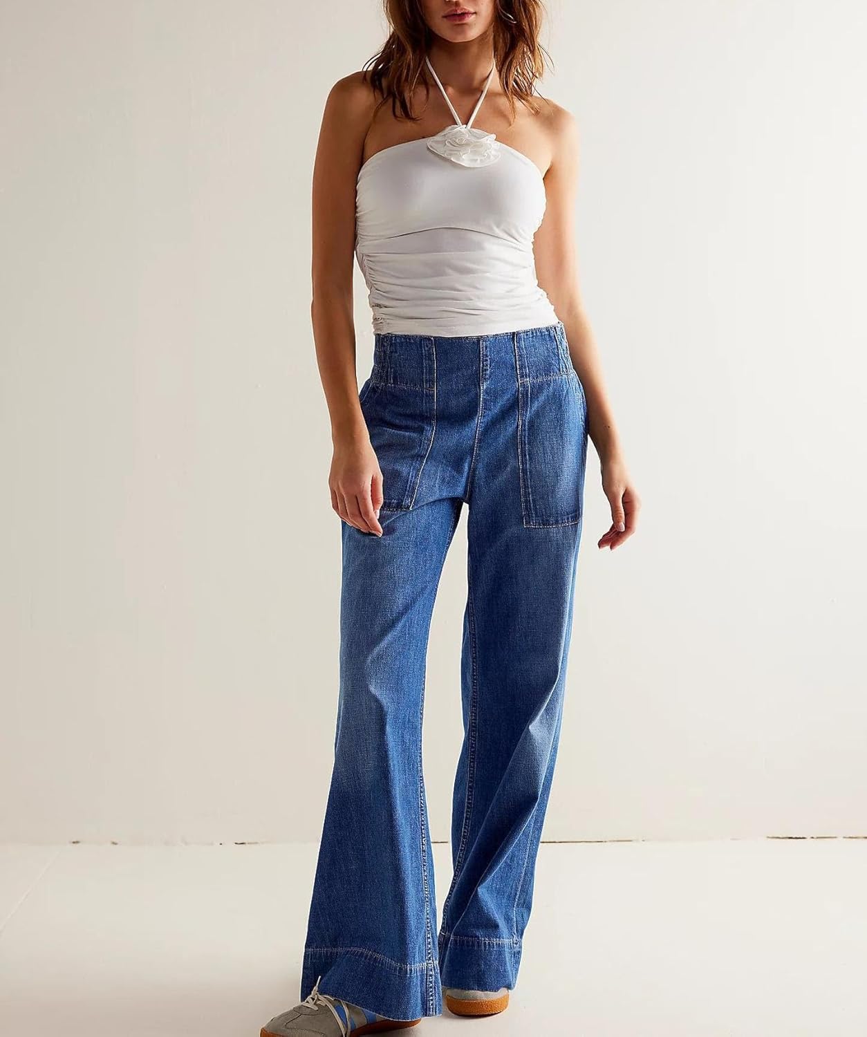 yoeasy Womens Wide Leg Jeans Elastic Waisted Back Casual Trendy Baggy Jeans Pull On Denim Pants with Pockets - Image 2