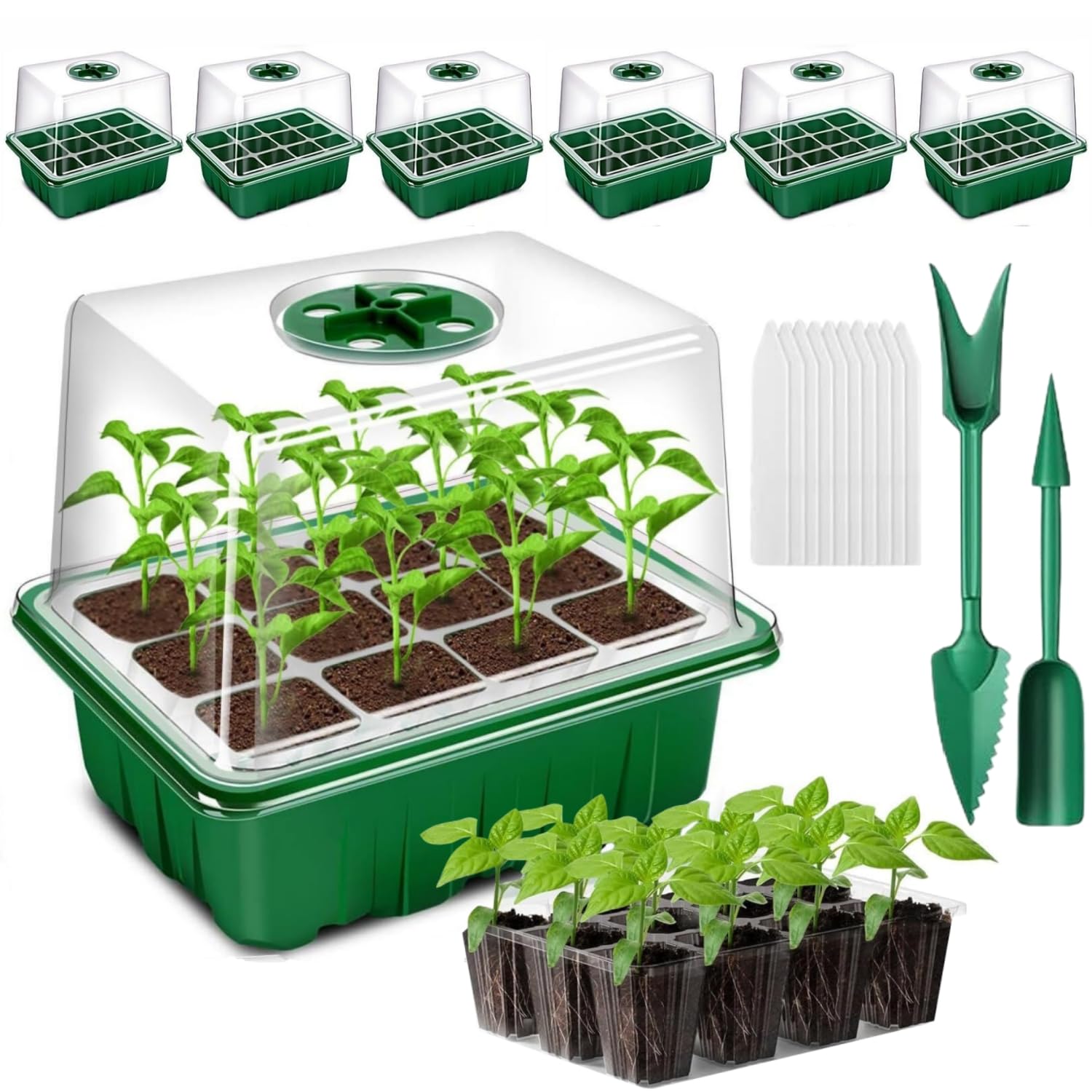 FS-PINGXIANG 6 Pack Seed Trays Starter Kit, 72 Cells Reusable Greenhouse Seedling Starter Tray with High Lid Dome and Deep Base, Herb Garden Plant Humidity Adjustable Grow Kit Indoor or Outdoor