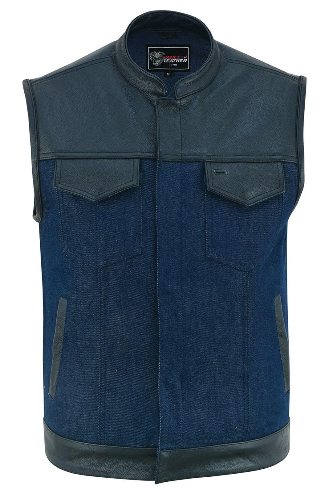 Mens Blue Motorcycle Denim Vest SOA Club Vest with Leather trims(Denim Blue, X-Large)