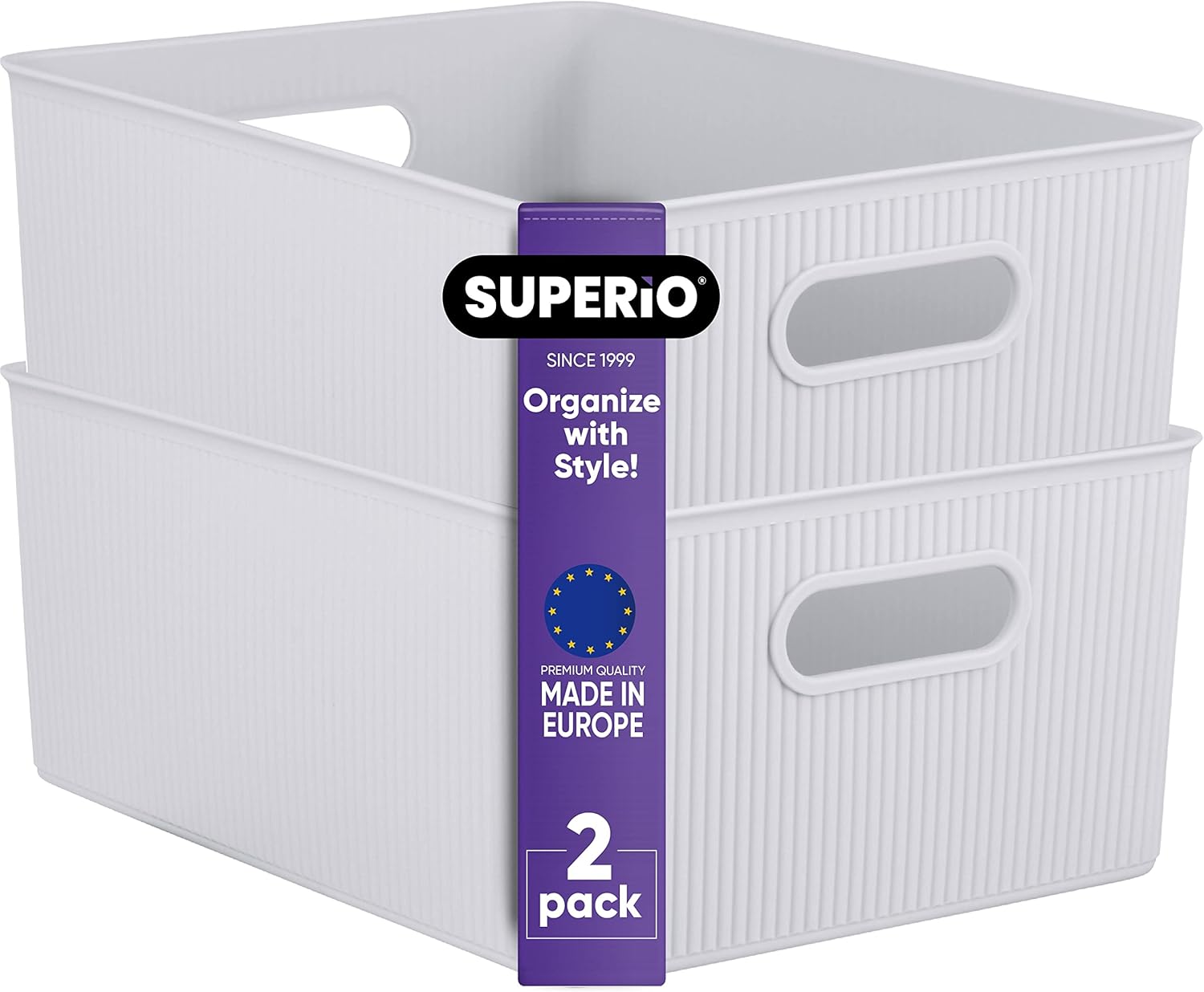 Superio Ribbed Collection - Decorative Plastic Open Home Storage Bins Organizer Baskets, Large White Smoke (2 Pack) Container Boxes for Organizing Closet Shelves Drawer Shelf 15 Liter/16 Quart Bin - Large (15 Liter) 2 Pack