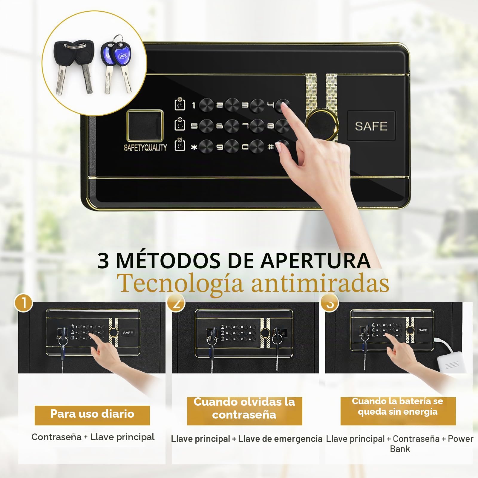 LIFEZEAL Caja Fuerte para Armario, 38 L, Caja Fuerte de Pared, 5 Ganchos, Estante Extraíble, Caja de Seguridad con Cerradura Electrónica de Combinación + Llave, Alarma, 36x31x41 cm
