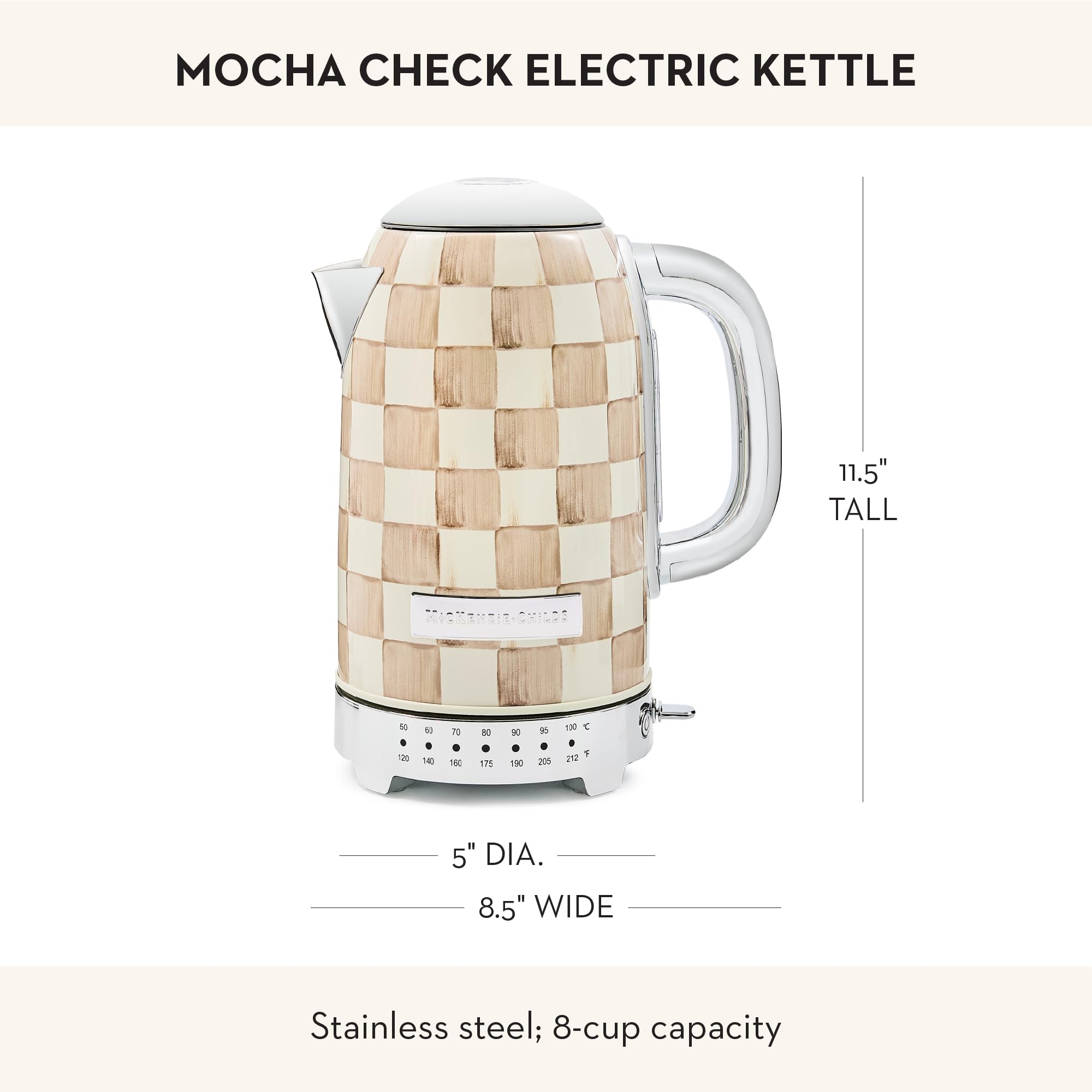 MACKENZIE-CHILDS Electric Kettle, 8 Cups, Brown-and-White Mocha Check | Hand-applied design, made from stainless steel with a chrome-plated handle, ideal for coffee, tea, and other hot beverages
