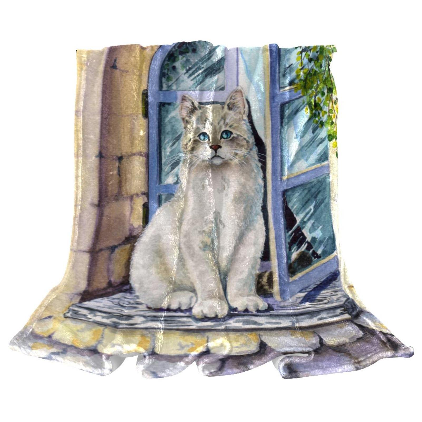 Couvertures chaudes et douces en peluche microfibre chat blanc