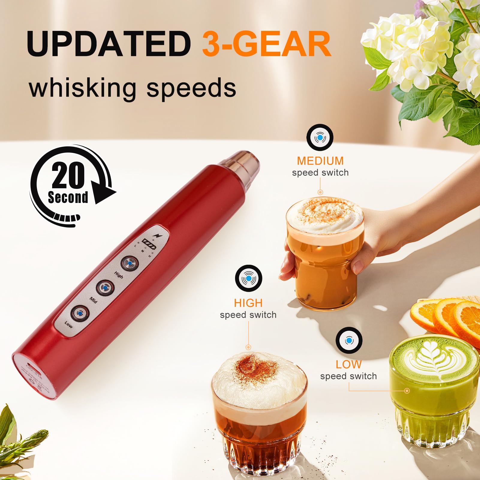YUSWKO Red Milk Mousseur à lait portatif avec 3 têtes, fouet à café mélangeur en mousse avec 3 vitesses rechargeable par USB, mini mousseur manuel électrique pour latte, cappuccino, chocolat chaud