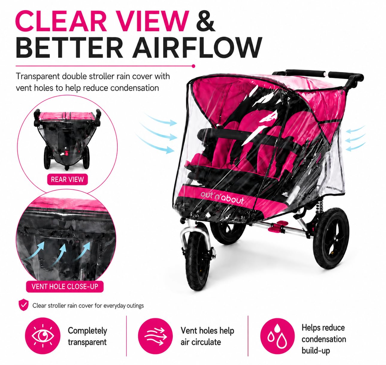 Parapioggia per out 'N About Nipper 360 doppio, SUPERSOFT Made in the UK