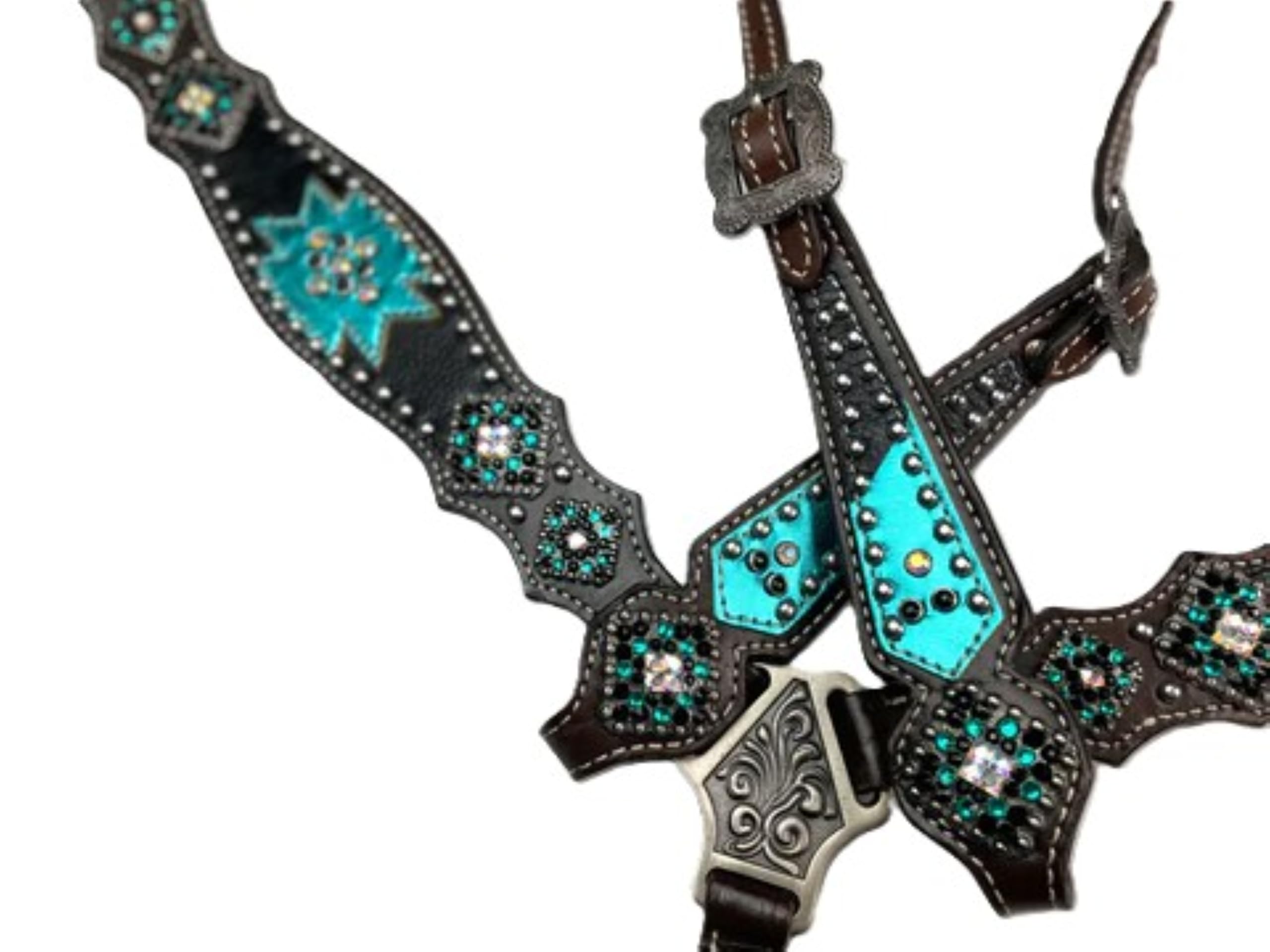 Saddle Fusion Western Black & Metallic Turquoise Tack Set Horse Draft Horse Equipmentss Handmade and Colors (Full)