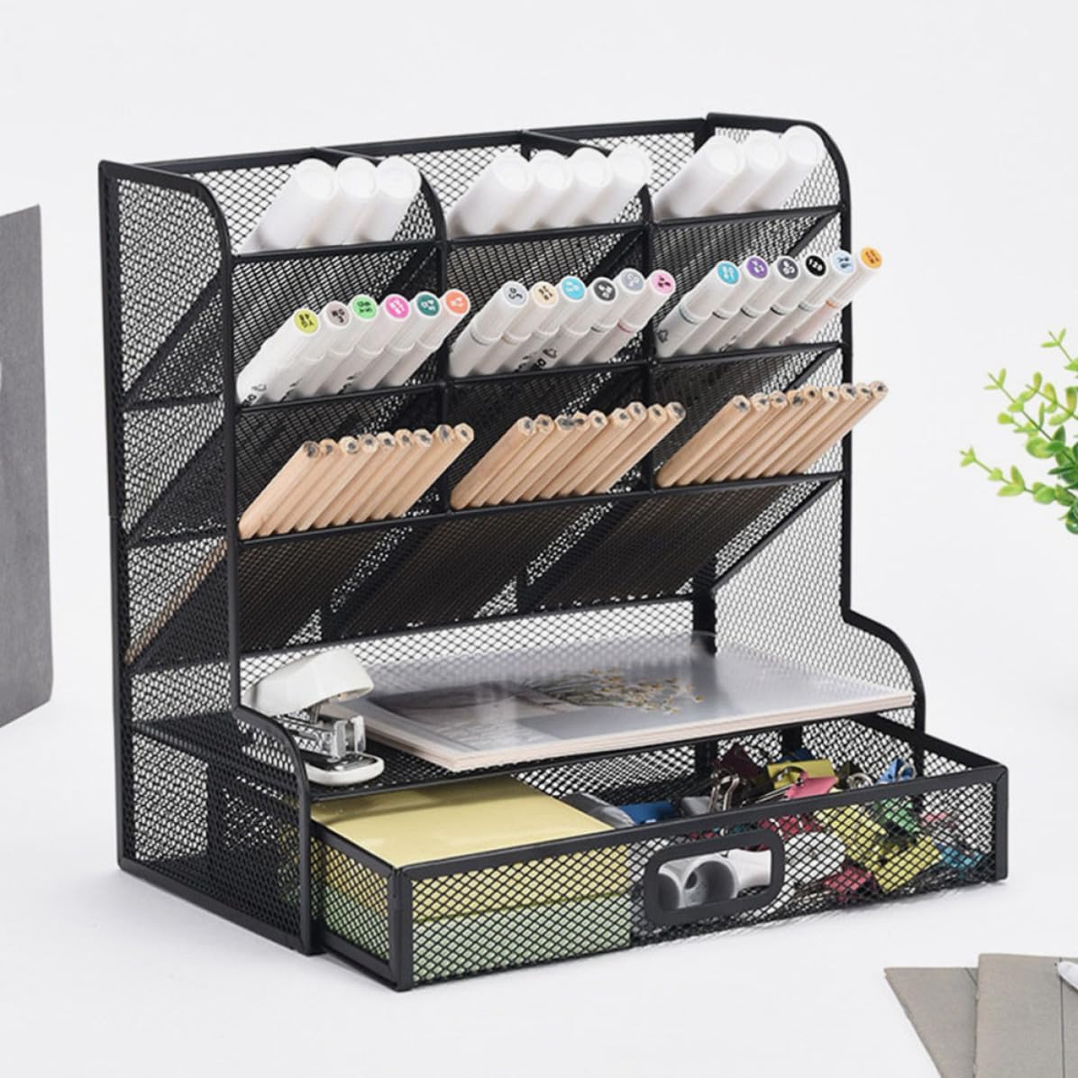 Metall Stiftehalter mit 9 Fächern Stabil und Leicht zu Reinigen als Schreibtisch Organizer für Bürobedarf und Kosmetik in Schwarz
