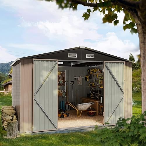 Aoxun Outdoor Storage Shed, 9.4 x 7.3 FT, Garbage Can,Outdoor Metal Shed for Tool,Garden,Bike, Brown