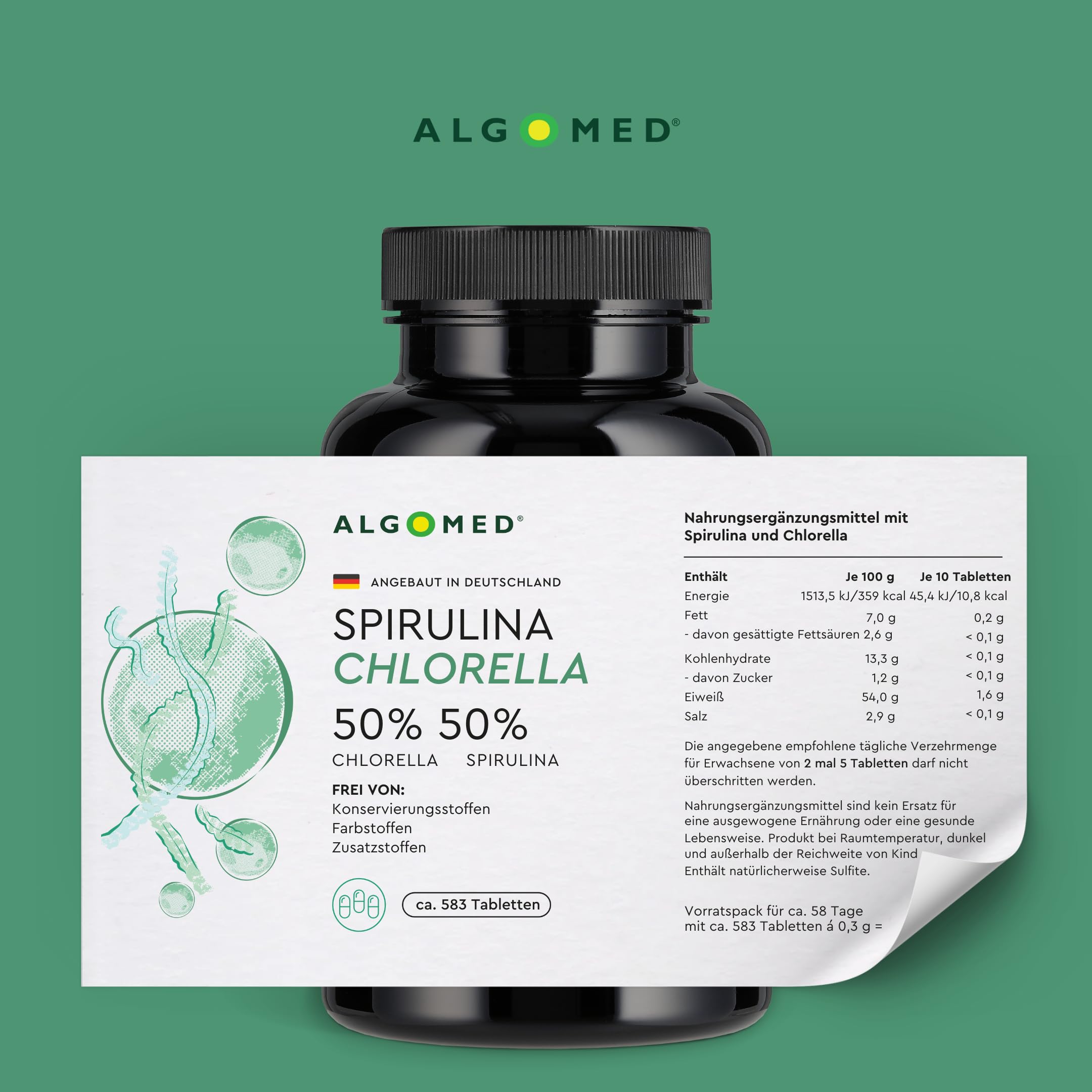 Spirulina Chlorella Tabletten aus Deutschland - ca. 583 Premium Presslinge - 100% rein, ohne Zusätze - laborgeprüft, kontrolliert & vegan - (1 x 175 g)