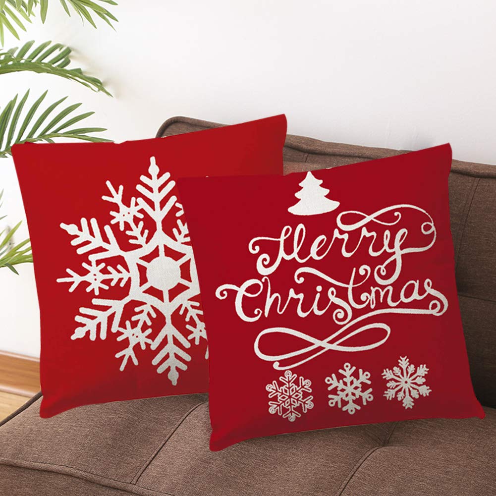 4 Fodere Per Cuscini Natale 45x45 Cm In Lino - Motivi Albero, Fiocco Di Neve, Renna - Decorazioni Casa Rosse