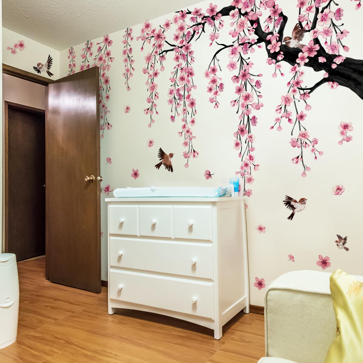 Runtoo Large Cherry Blossom Tree Wall Decals Peel and Stick Pink Floral Wall Art Stickers for Living Room Bedroom Nursery Flower Decor - Image 2