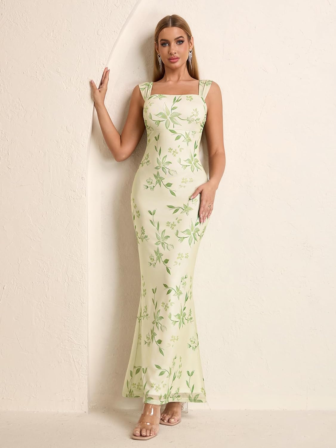 EYNMIN Women's Summer Floral Maxi Dress Square Neck Sleeveless Mesh Bodycon Long Wedding Guest Dresses - Image 3