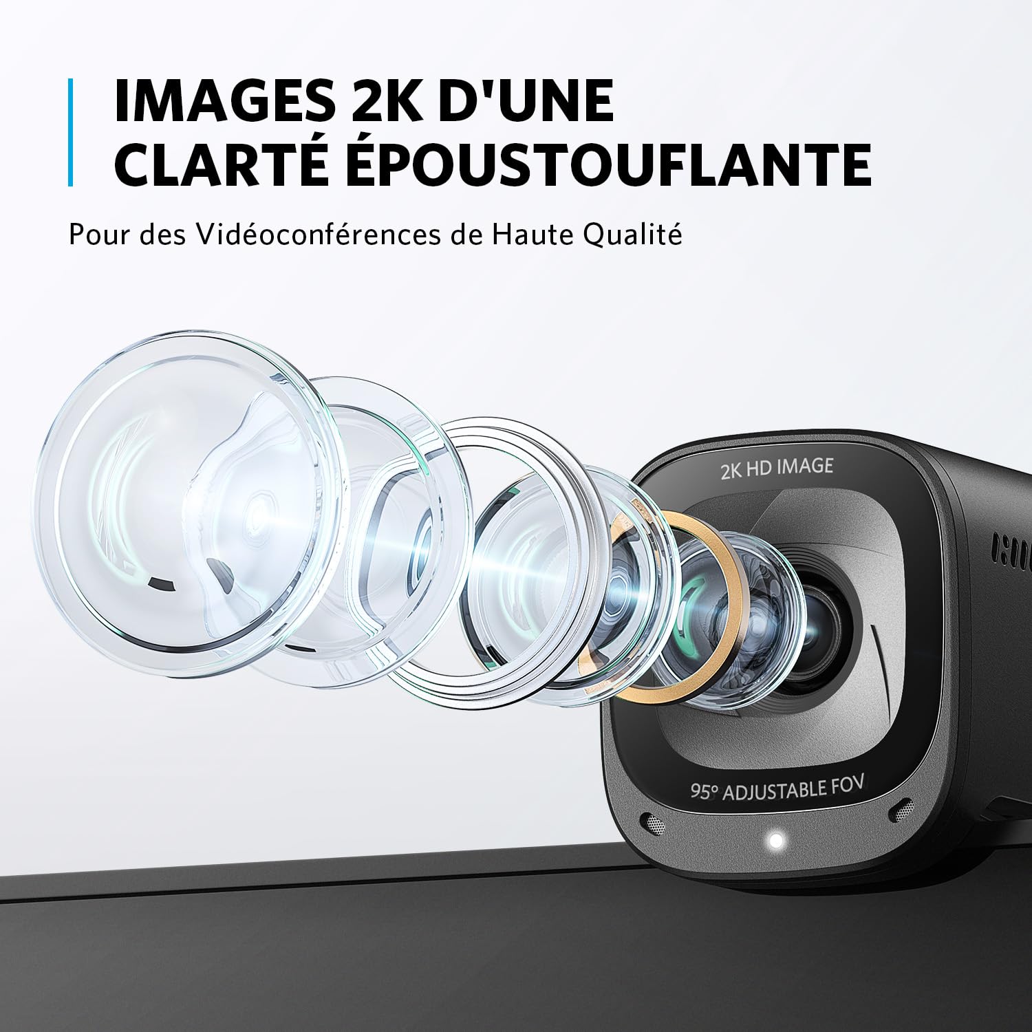 Anker PowerConf C200 Webcam USB 2K pour Ordinateur Portable, Microphones avec Réduction du Bruit et IA, Stéréo, Angle de Vision Réglable