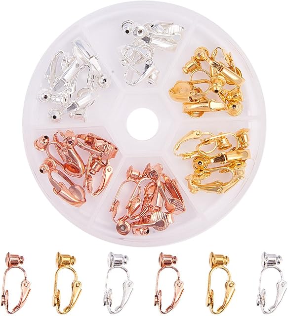 PandaHall Elite 30 pcs Brass Clip on Earring Converter Earring Components for Non-pierced Ears, 19x6x9mm, Hole: 1mm, Golden/Silver/Rose Golden