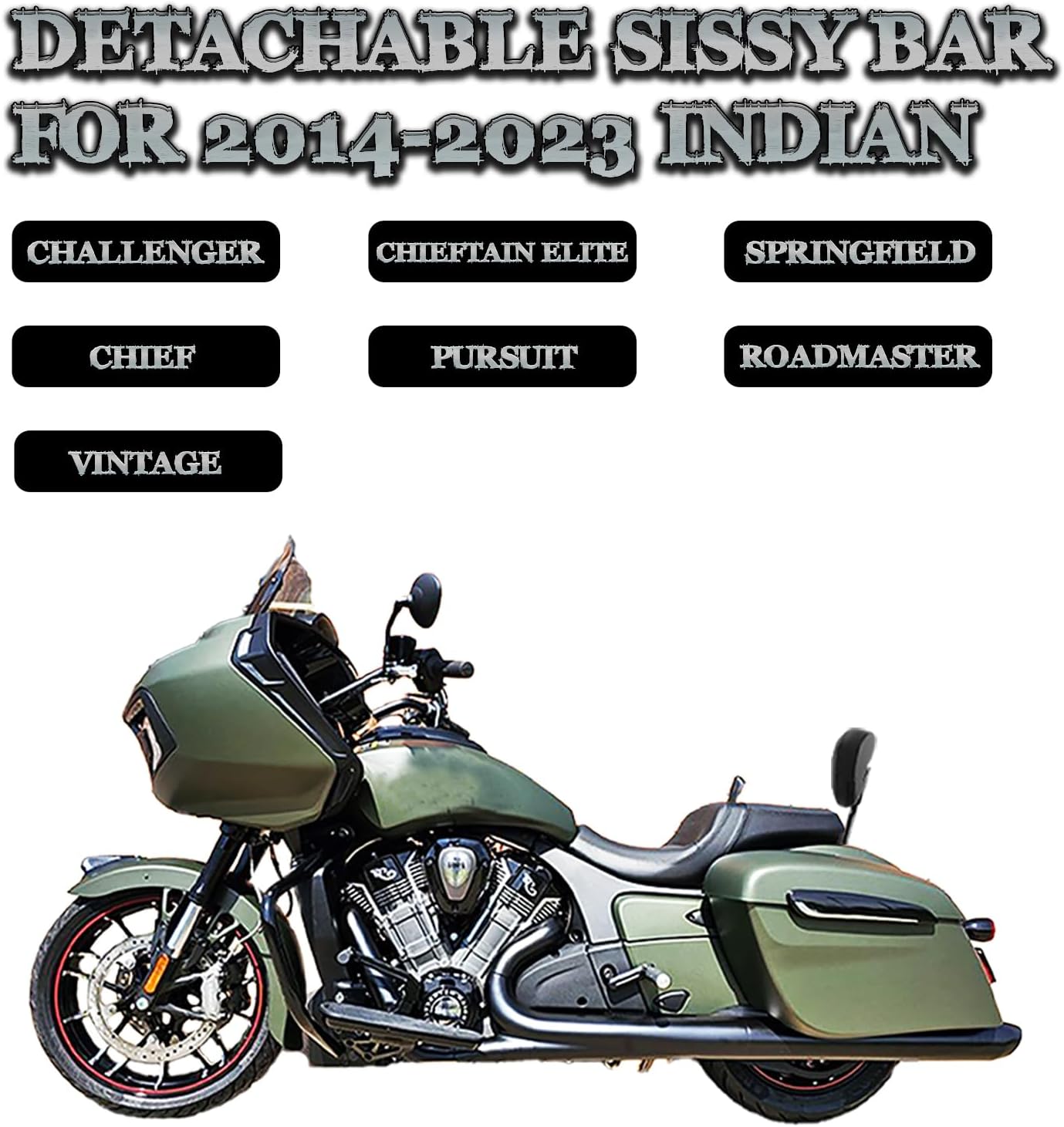Sissy Bar for Indian Challenger Chieftain Indian Pursuit Springfield Roadmaster Vintage 2014-2023, Quick Release Passenger Backrest Pad 17 inches (Black)