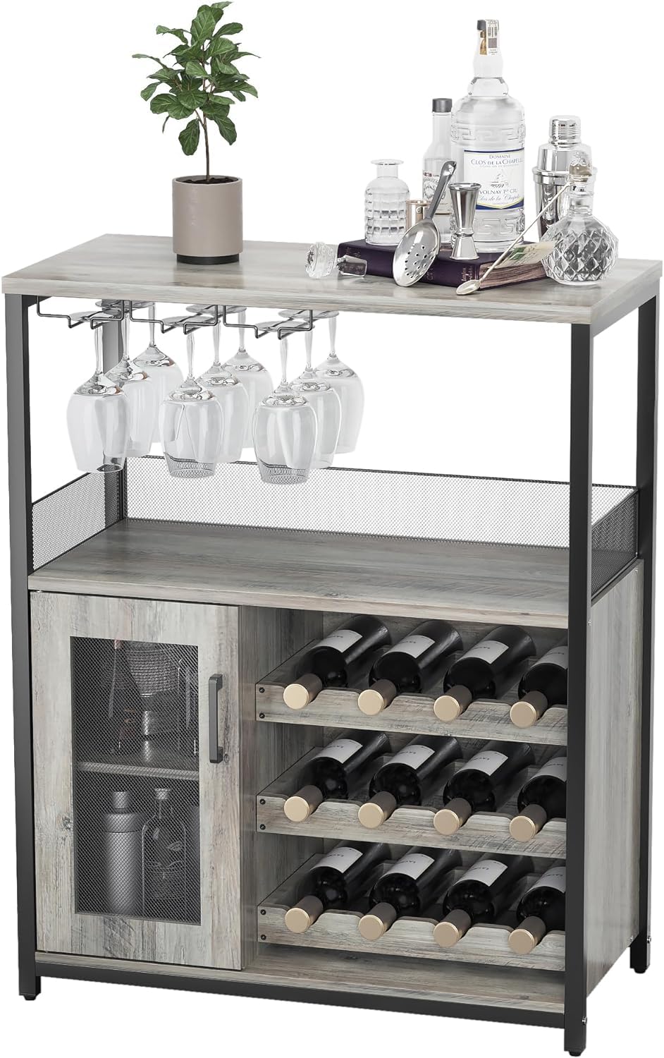 GAOMON Farmhouse Wine Bar Cabinet with Storage, Small Buffet Sideboard with Detachable Rack and Buffet Mesh Door,Wine and Glass Rack, Liquor Coffee Bar Cupboard for Kitchen, Dining Room (Grey)