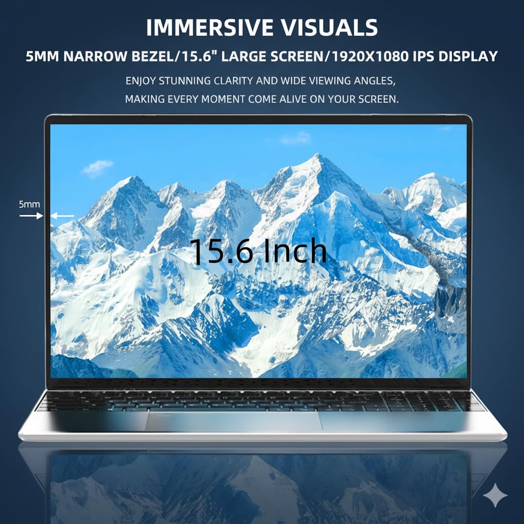 Notebook 15,6" con Processore N95, 16GB RAM 256GB, Schermo FHD IPS, Tastiera Retroilluminata, Lettore di Impronte, WiFi 5, PC Portatile Leggero per Studio, Lavoro e Casa(Tastiera UK+pellicola IT)