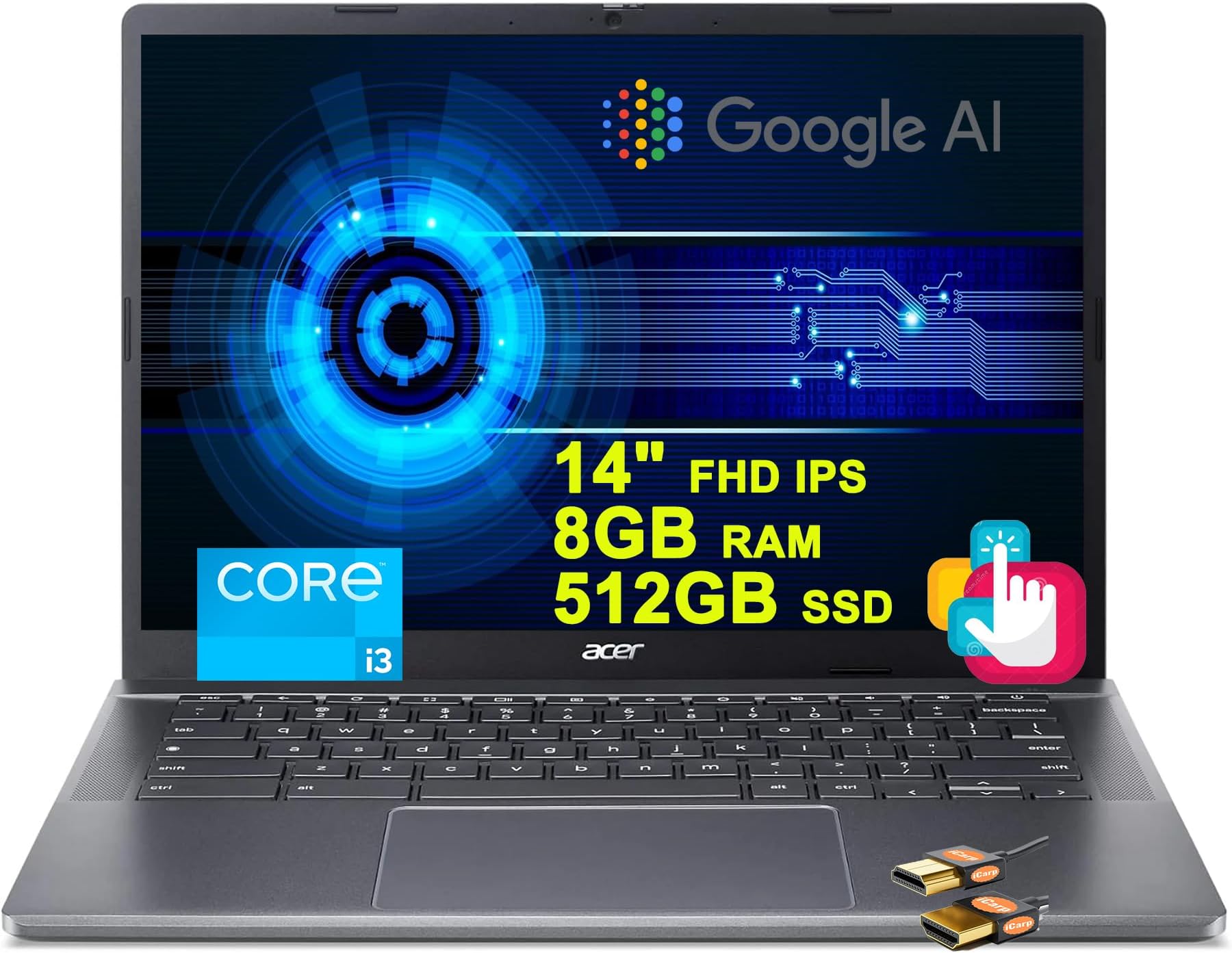 Chromebook Plus 514 Google AI Laptop 14" FHD IPS Touchscreen Intel Octa core i3-N305 8GB RAM 512GB SSD Type-C Free Google AI/2TB Loud Storage for 1-Year Grey + HDMI Cable