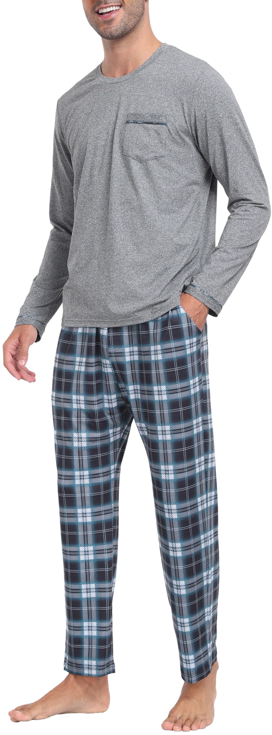 MoFiz Men's Pajama Set Soft Plaid Pants & Long Sleeve T-Shirt 2-Piece Sleepwear Lounge Set Cozy Pjs for Men with Pockets