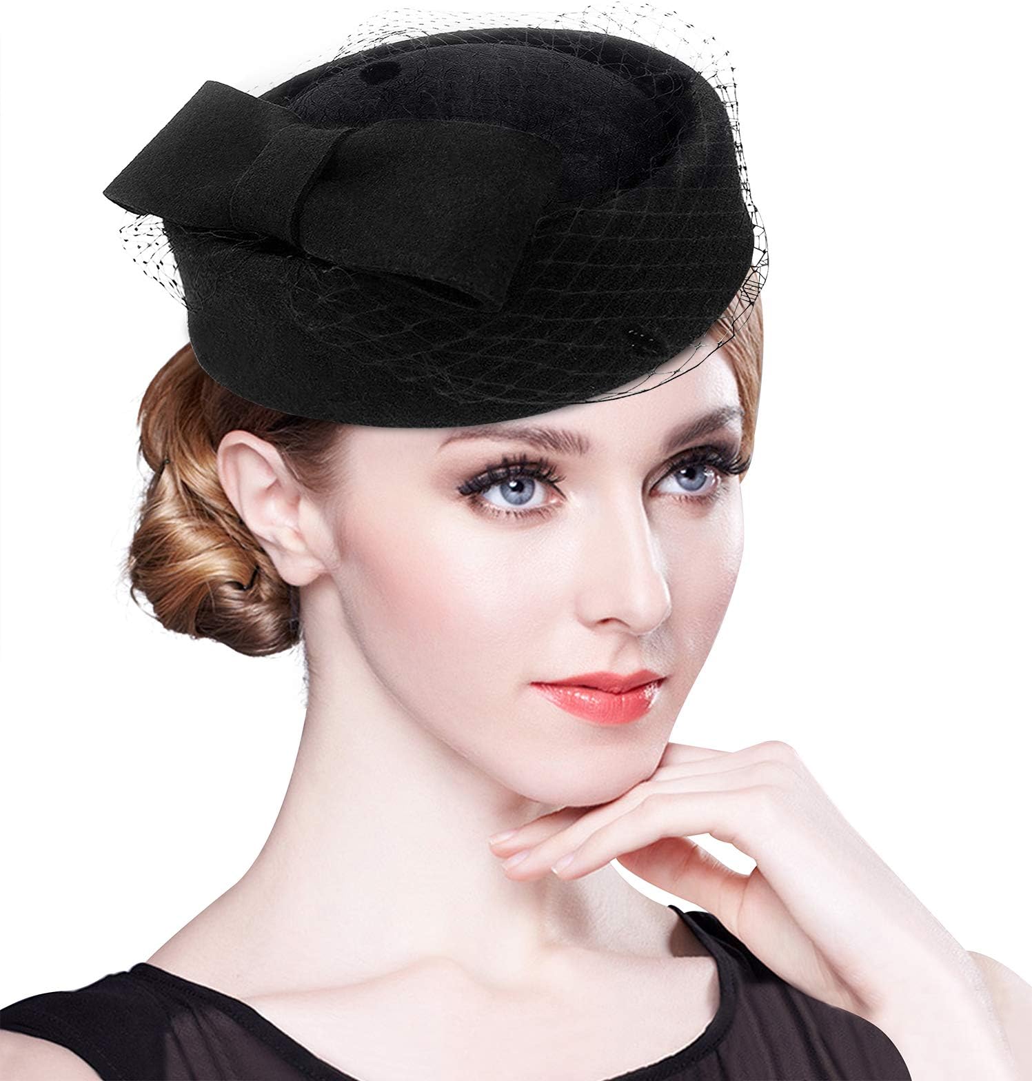 British Vintage Wool Felt Pillbox Hat Ladies Church Derby Winter Fascinator Hat Veil Flower Fedoras