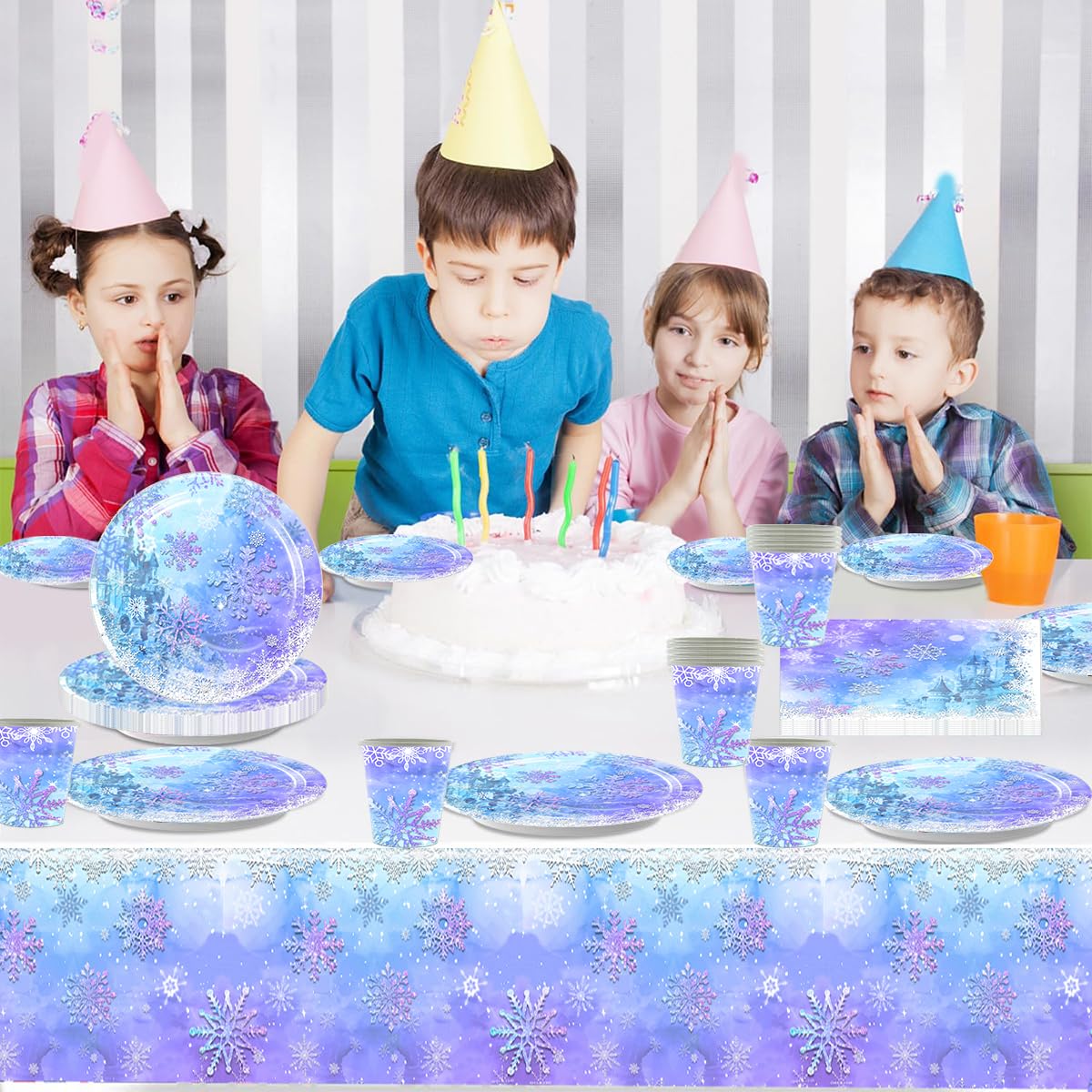 Stoviglie per feste Frozen,Set di stoviglie per feste con fiocchi di neve blu e viola,20 tovaglioli 20 bicchieri di carta 20 piatti di carta 1 tovaglia,Stoviglie per bambini e adulti