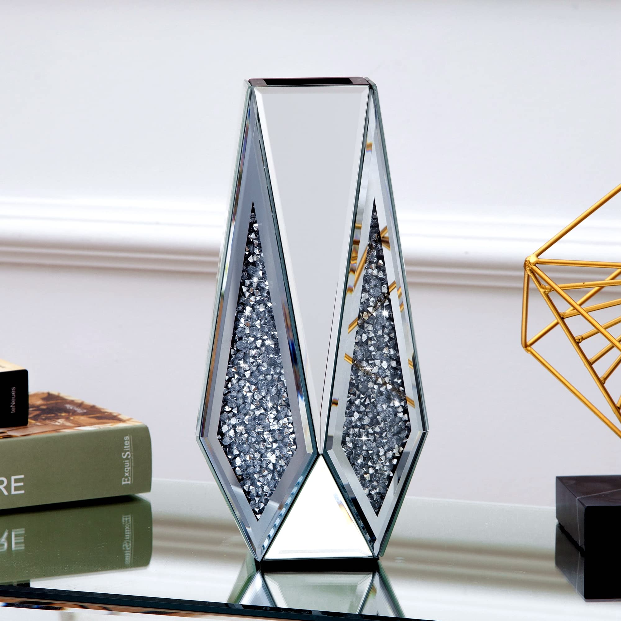 SHYFOY Vase Décoratif Grand en Verre, Miroir avec Incrustation de Diamants en Cristal, Luxe pour Décoration de la Maison, des Centres de Table, Argenté