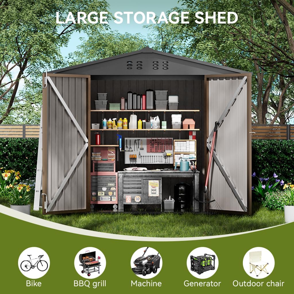 COMHOMA Shed Outdoor Storage Shed Metal,Lockable Doors Tool Sheds with Sloping Roof,Steel Garden Shed with Air Vent for Backyard,Patio,Lawn,Poolside(Brown,6'x4')