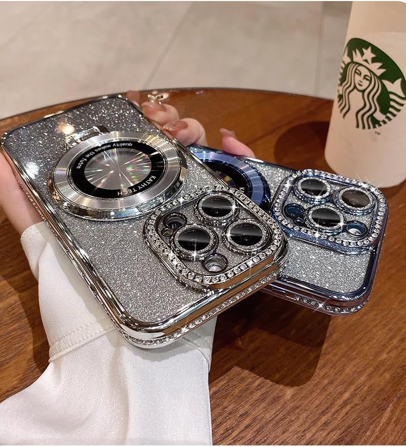 Miniatura 8 de OUROL Funda magnética con función atril (protector de lente con brillantina) para iPhone 15, 14, 13, 12 Pro Max (compatible con Magsafe), cubierta