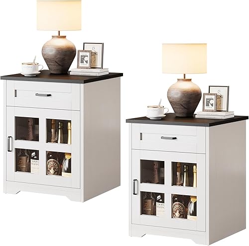 Juego de 2 mesas auxiliares de granja con cajón, mesa auxiliar grande de 18 pulgadas con armario de almacenamiento y puerta acrílica, mesita de