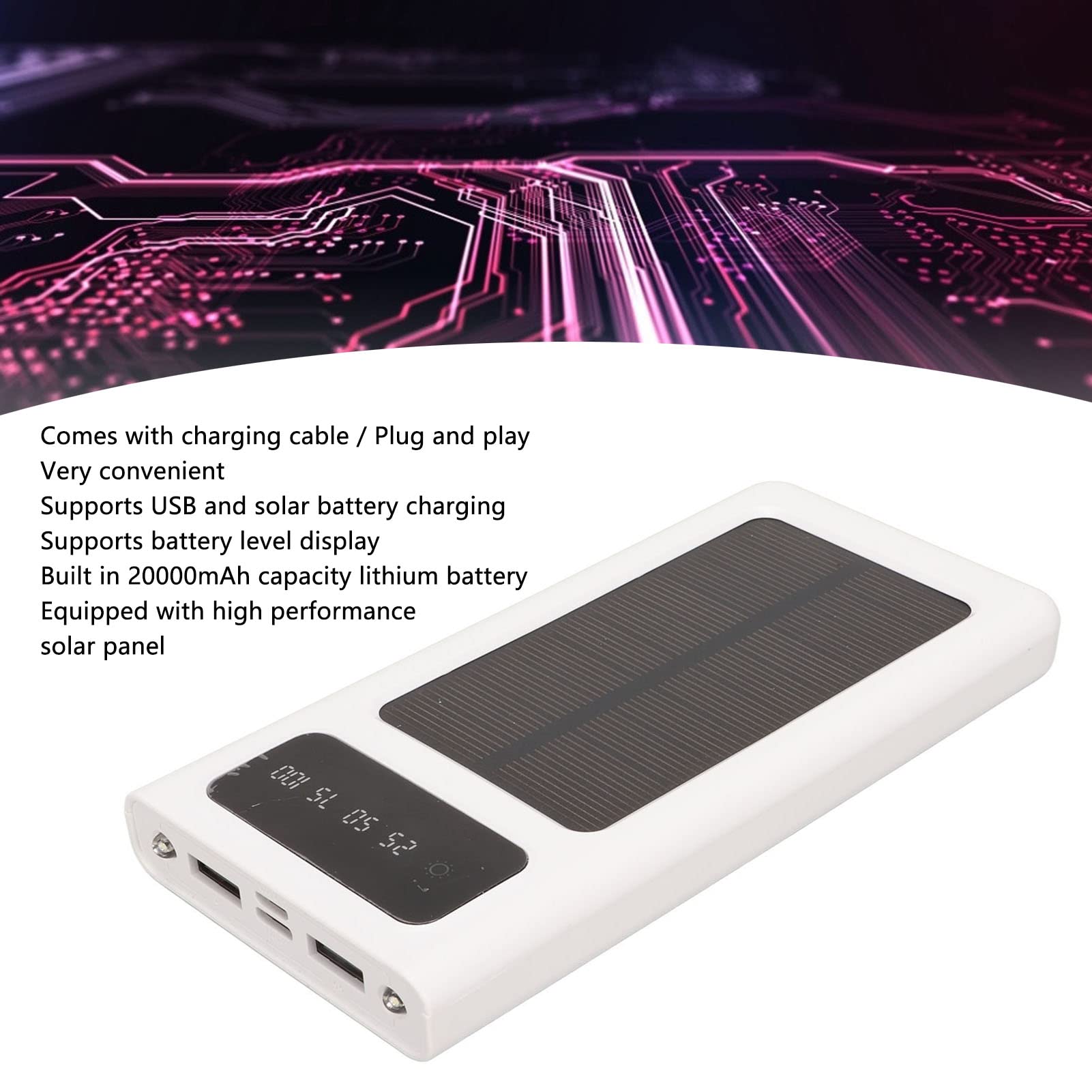 Bewinner Banque d'énergie Solaire 20 000 MAh avec Affichage de la Puissance, Double Ports de Sortie USB, Chargeur de Téléphone Solaire Portable, Batterie Externe pour Randonnée, Camping, Voyage,