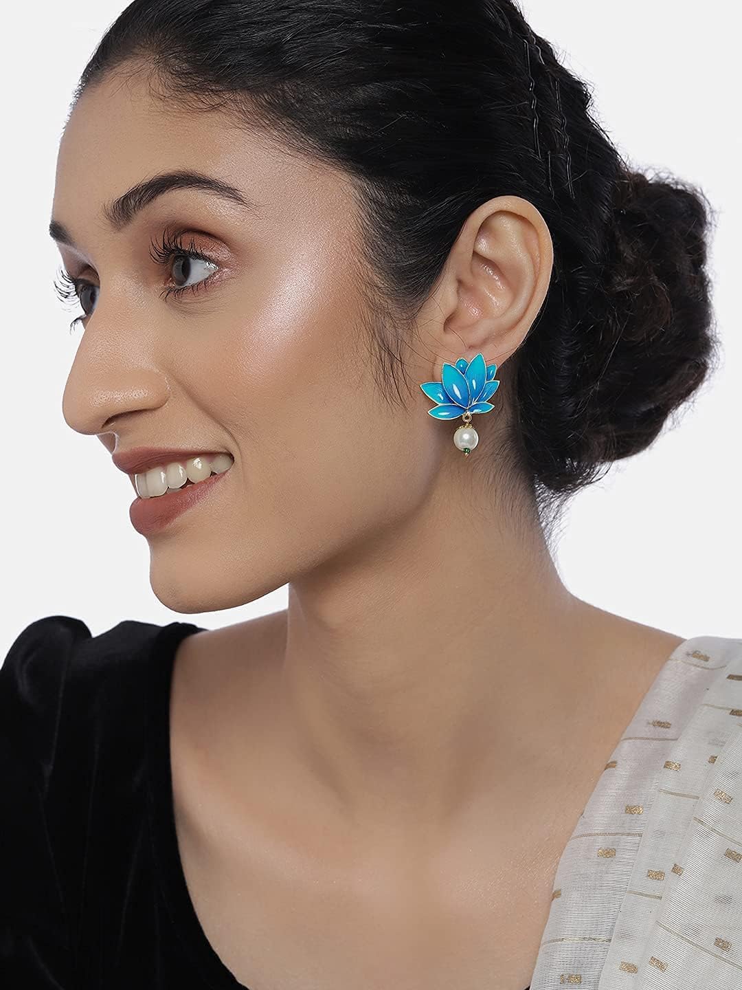 Aheli Enamel Pearl Lotus Drop Earrings Gift for Women Indian Traditional Bollywood Jewelry