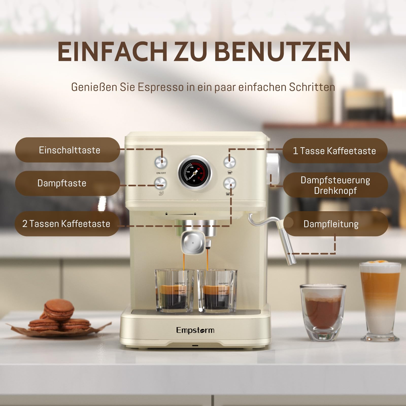 Empstorm Espresso Siebträgermaschine 20 Bar 2 in 1 Kaffeemaschine 1,5L Wassertank Weiß