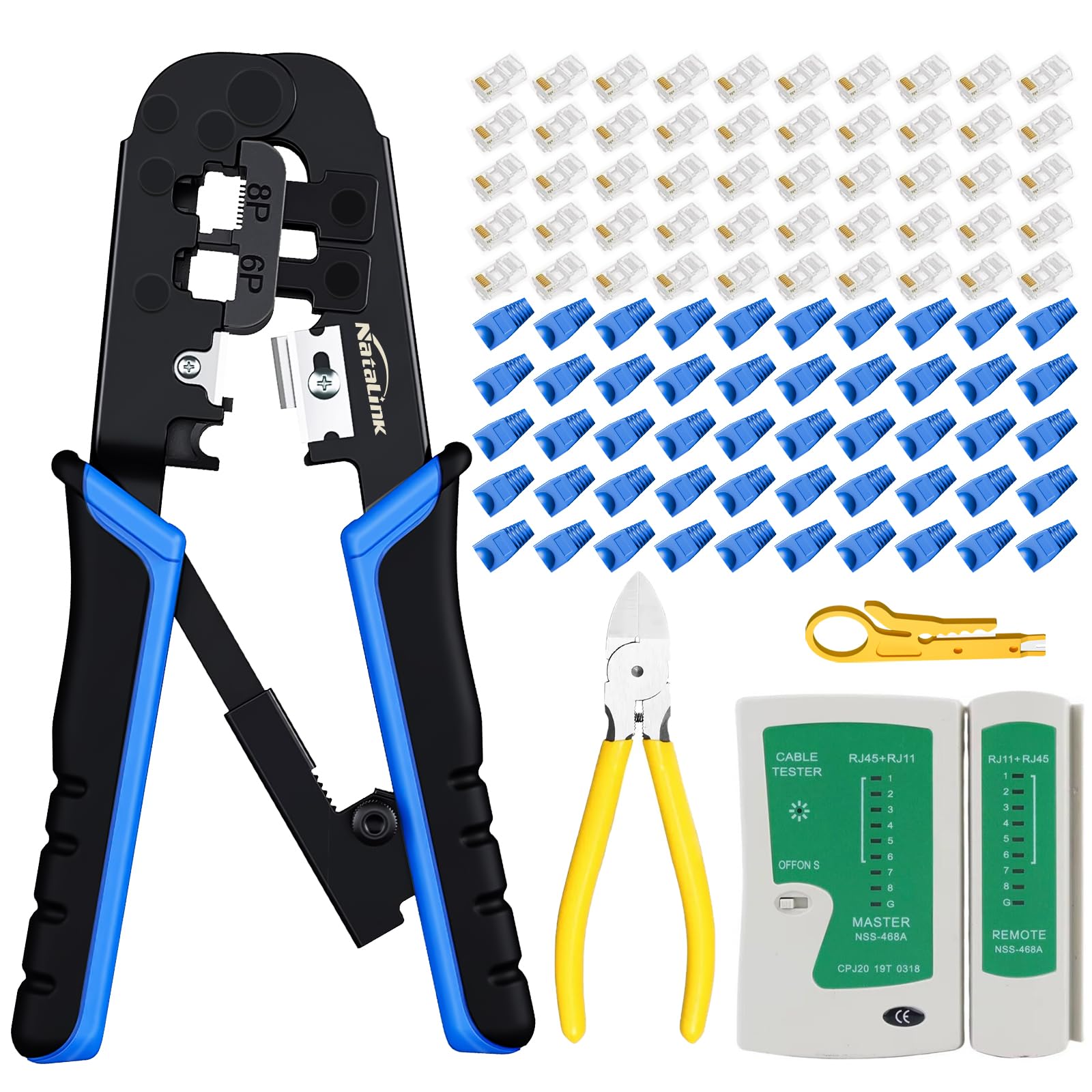 NataLink RJ45 Crimp Tool Ethernet Crimper Tool Kit Cat 6 Cat 5E Cat 5 Crimping Tool with Network Cable Tester, Wire Cutter Pliers, Mini Cable Stripper