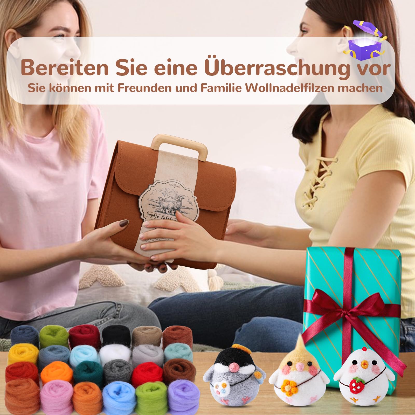 Reovin Nadelfilzset in 24 Farben, Nadelfilzzubehör Mit Aufbewahrungstasche, Wollfilzset Mit Filzwolle in Großen Mengen, Filznadeln, Nadelfilzunterlage Für DIY-Basteldekoration