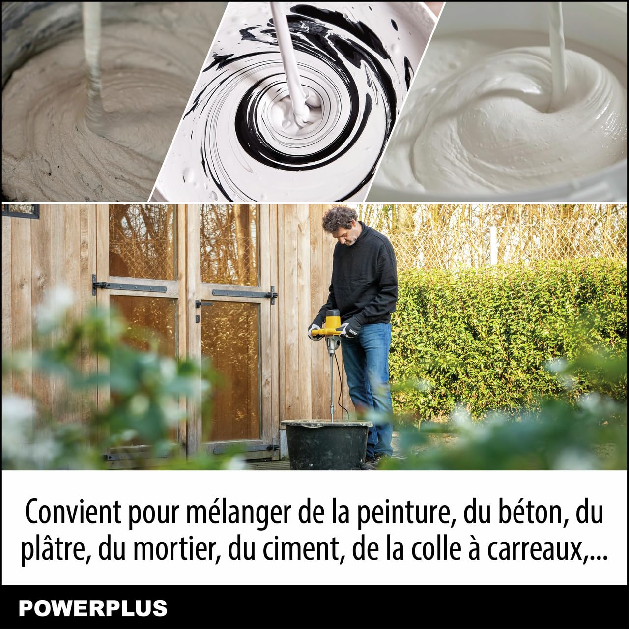Powerplus Mélangeur à beton et peinture POWX0842-1600W, Vitesse de rotation 180 min-1-460 min-1