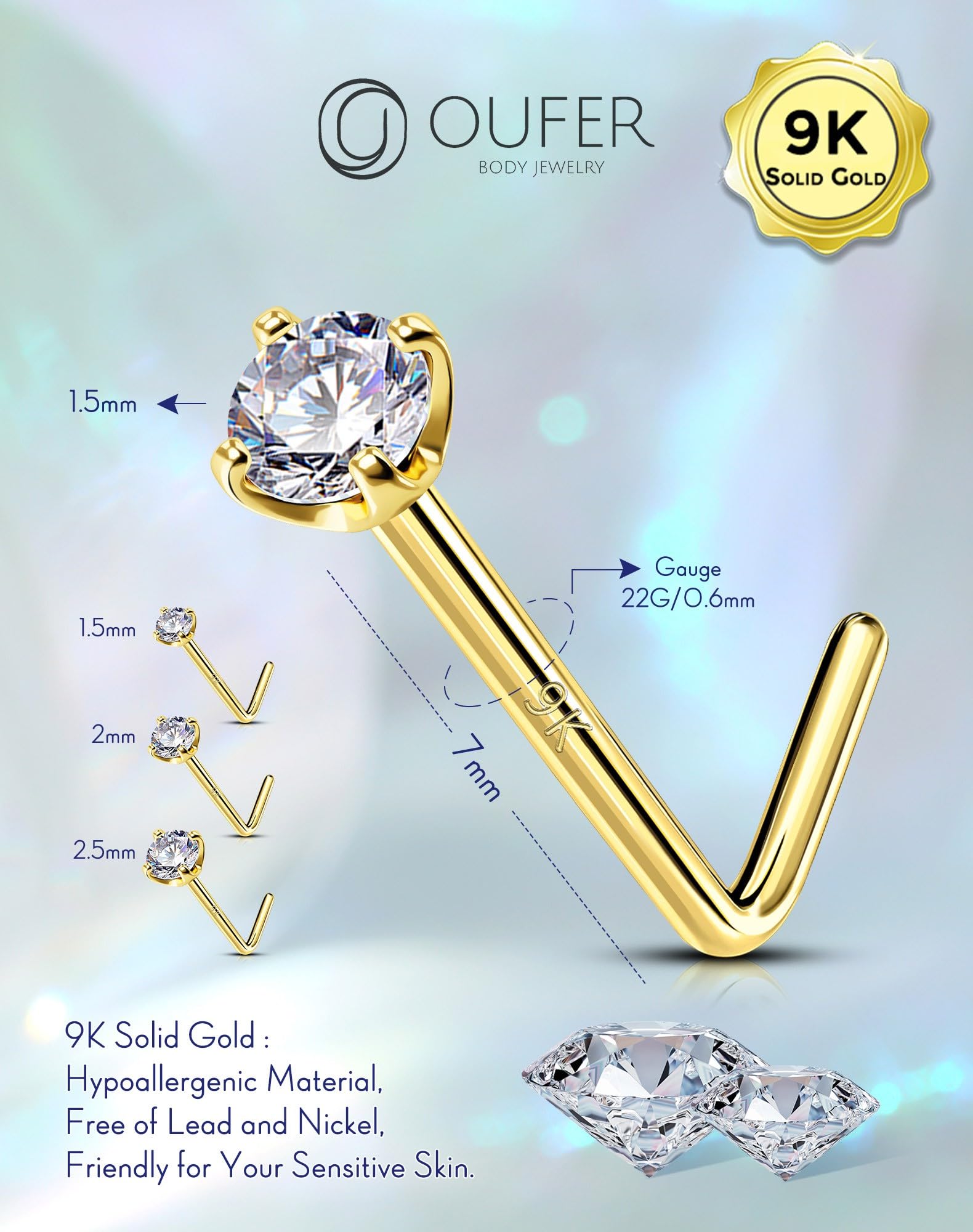 OUFER Body Piercing Nose Piercing Stud 9K Solid Yellow Gold Claw Set Round Crystal Stone 22 Gauge L Bend Nose Stud Piercing Jewellery