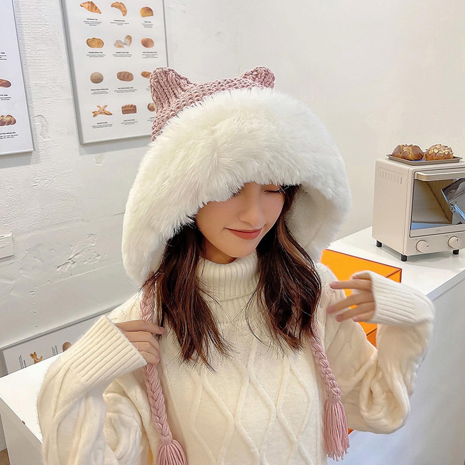 Cappello Donna Donne Inverno Caldo E Carente Cazzo di Gatto da Gatto Lady Kawaii Berretto A Crochet Berretto Cappello con Treccia per Donne