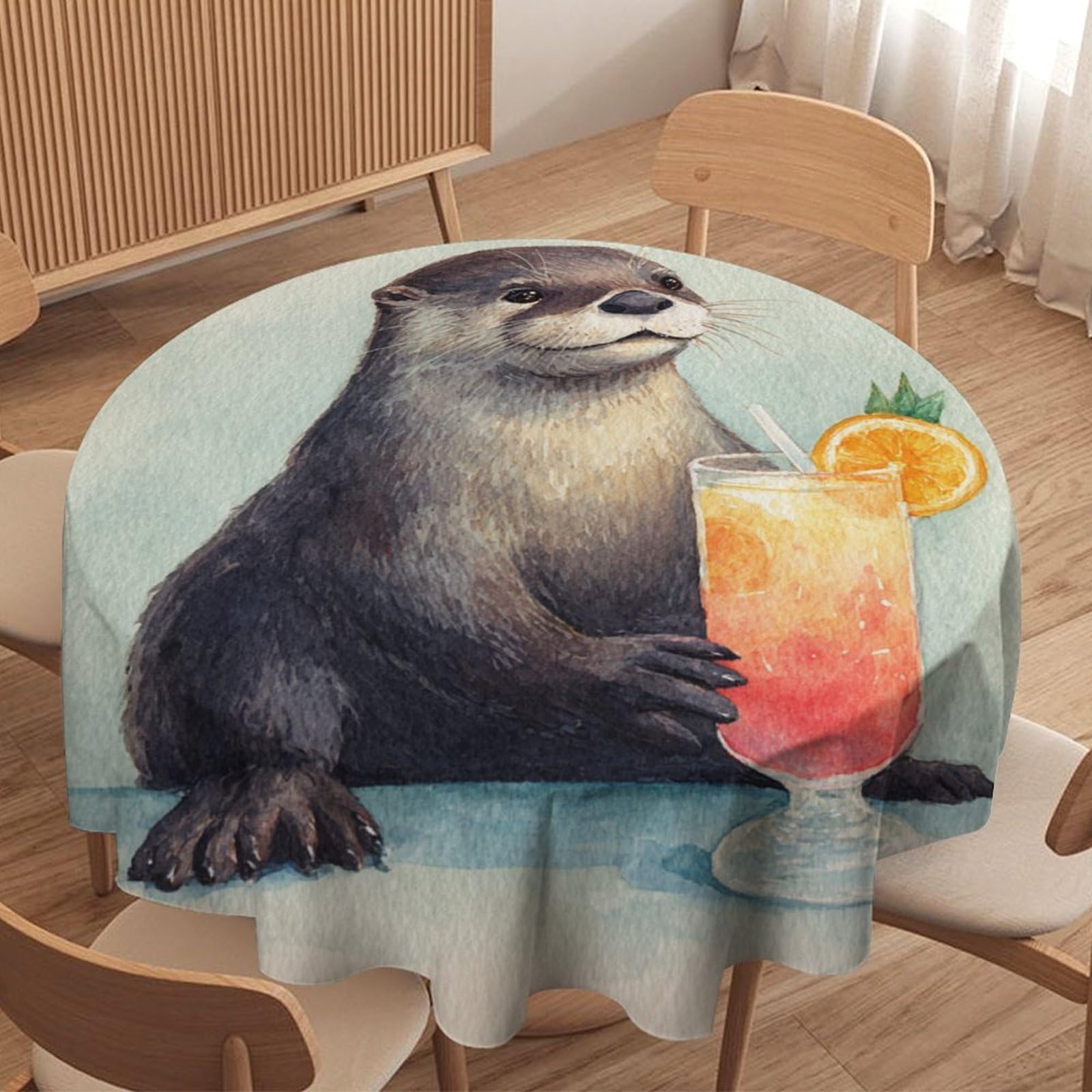 LUYYSKY Beautiful Colorful Otters Waterproof Round Tablecloth Mid Century Classic Summer Ocean Animals Otters Print Washable Table Cover for Kitchen-70 Wx70 L