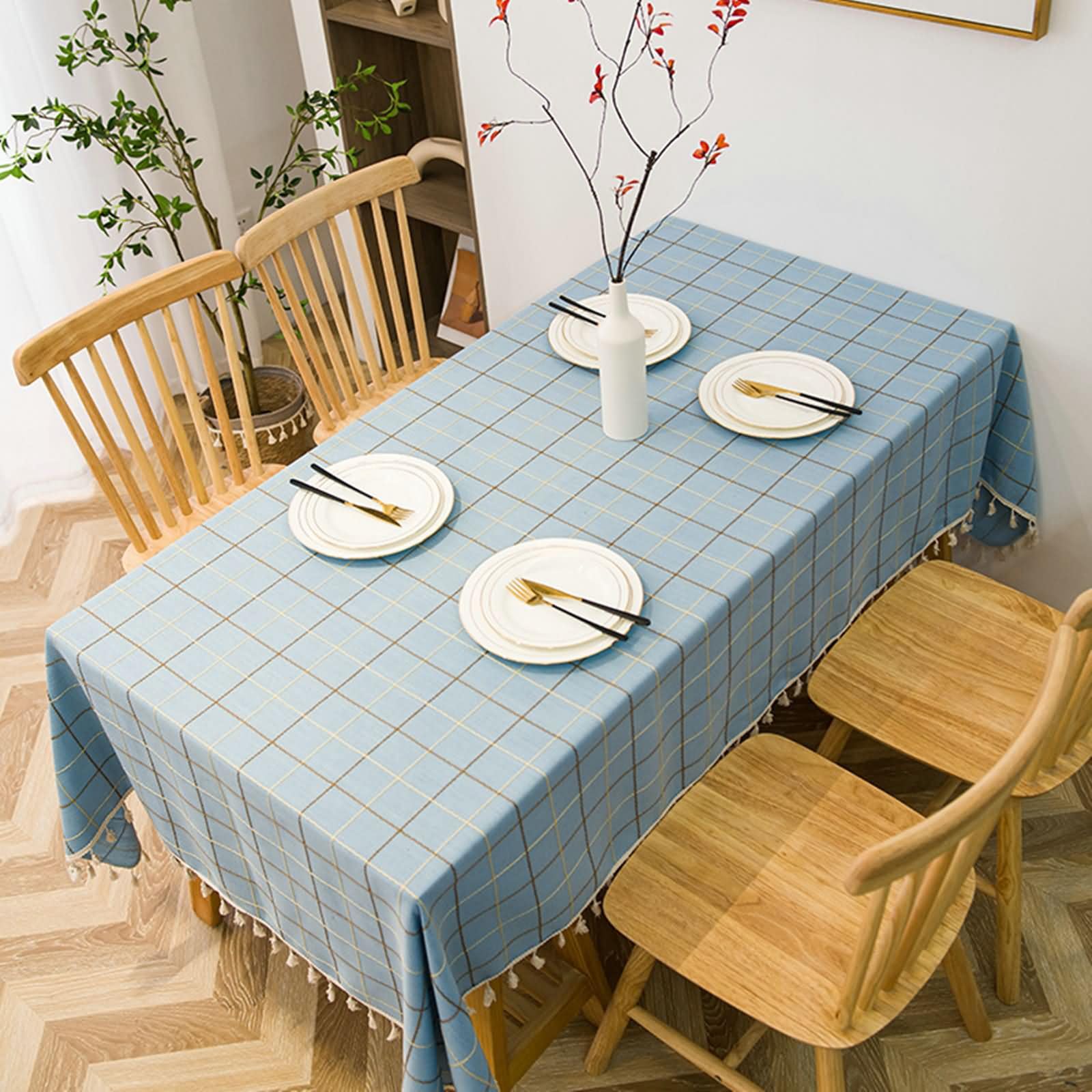 Mantel Antimanchas y Lavable Rectangular Azul Exterior, Celosía Geométrica con Borlas, de Poliéster Fácil de Limpiar, 140 x 200 cm, Mantel para Restaurante