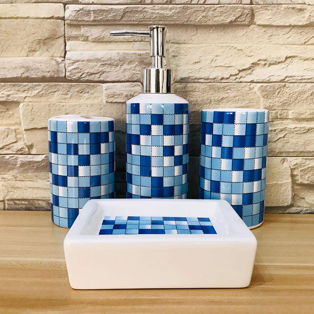 Muzi Badzubehör-Set aus Keramik, modernes Design, Seifenspender, Zahnbürstenhalter, Becher, Seifenschale (blaues Mosaik)