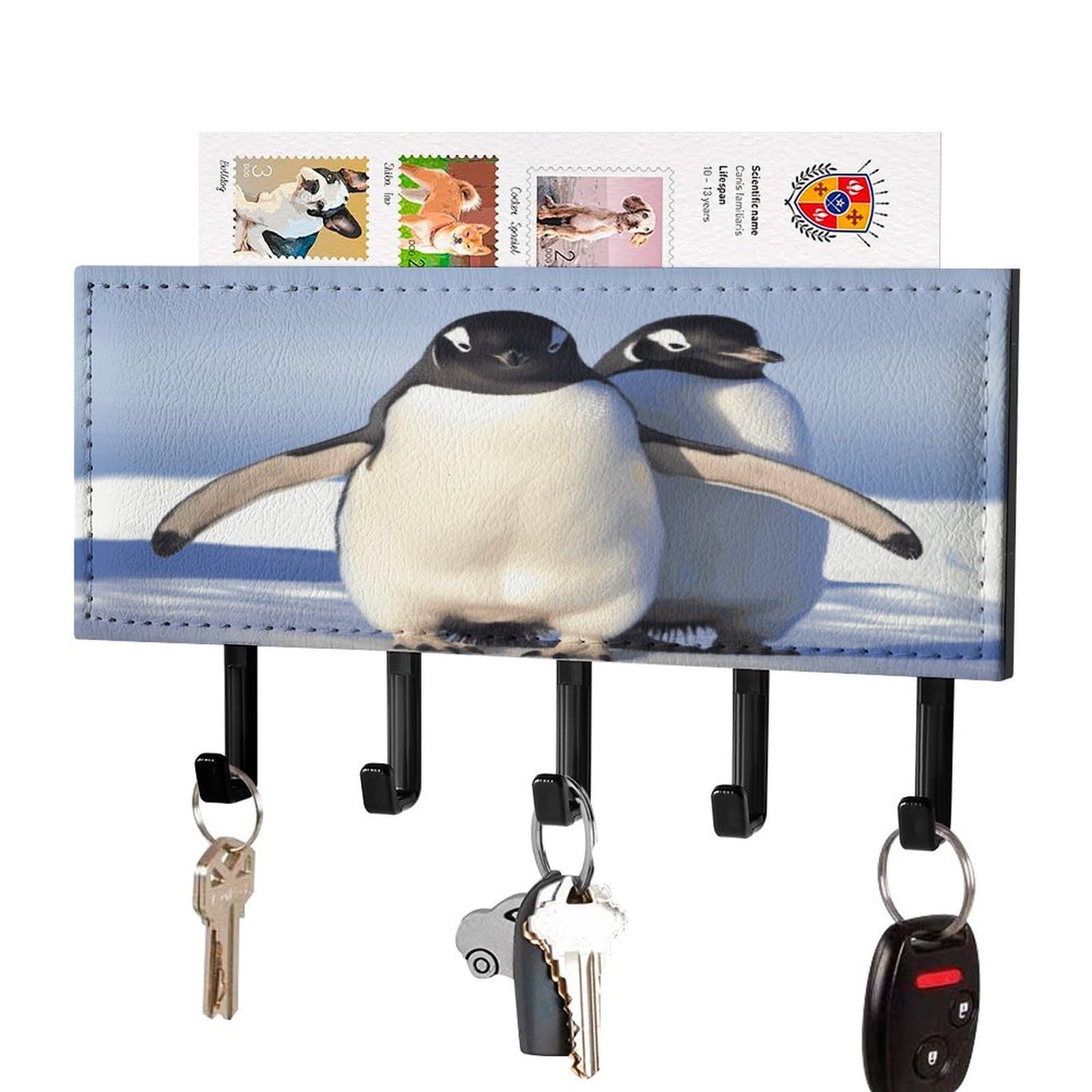 Fekiloot Black-Style Cute Penguin Key Holder Wall Mount Key And Mail Holder Key Hanger With 5 Hooks Decorative Pu Key Rack Hanging Key Hooks For Wall Living Room Kitchen Bathroom Hallway