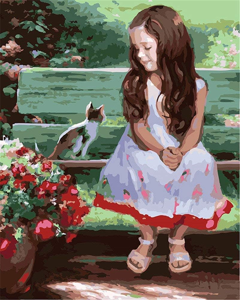 CaptainCrafts DIY Oil Painting Paint by Numbers Kits for Adults Beginner Little Girl and Cat 16x20 inch Linen Canvas Acrylic Paint Arts Craft for Home Wall Decor (Frameless)