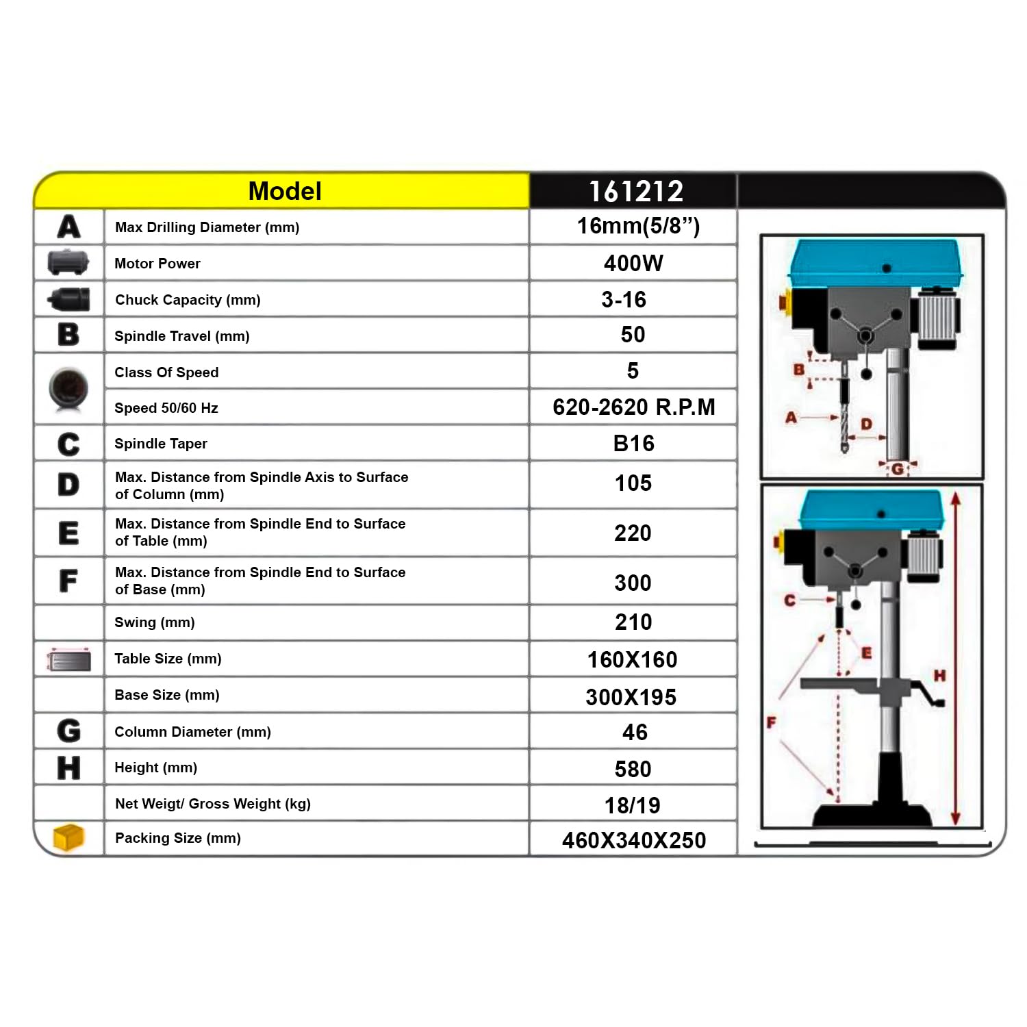 KATSU Tools Prensa de taladro de pilar de banco de 400 W + portabrocas de 16 mm + interruptor electrónico de velocidad variable de 5 velocidades + profundidad máxima de perforación de 50 mm + máx.