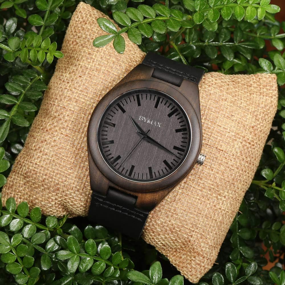 BYMAX Wooden Watch with Black Leather Strap, Unique Wood Pattern Dial
