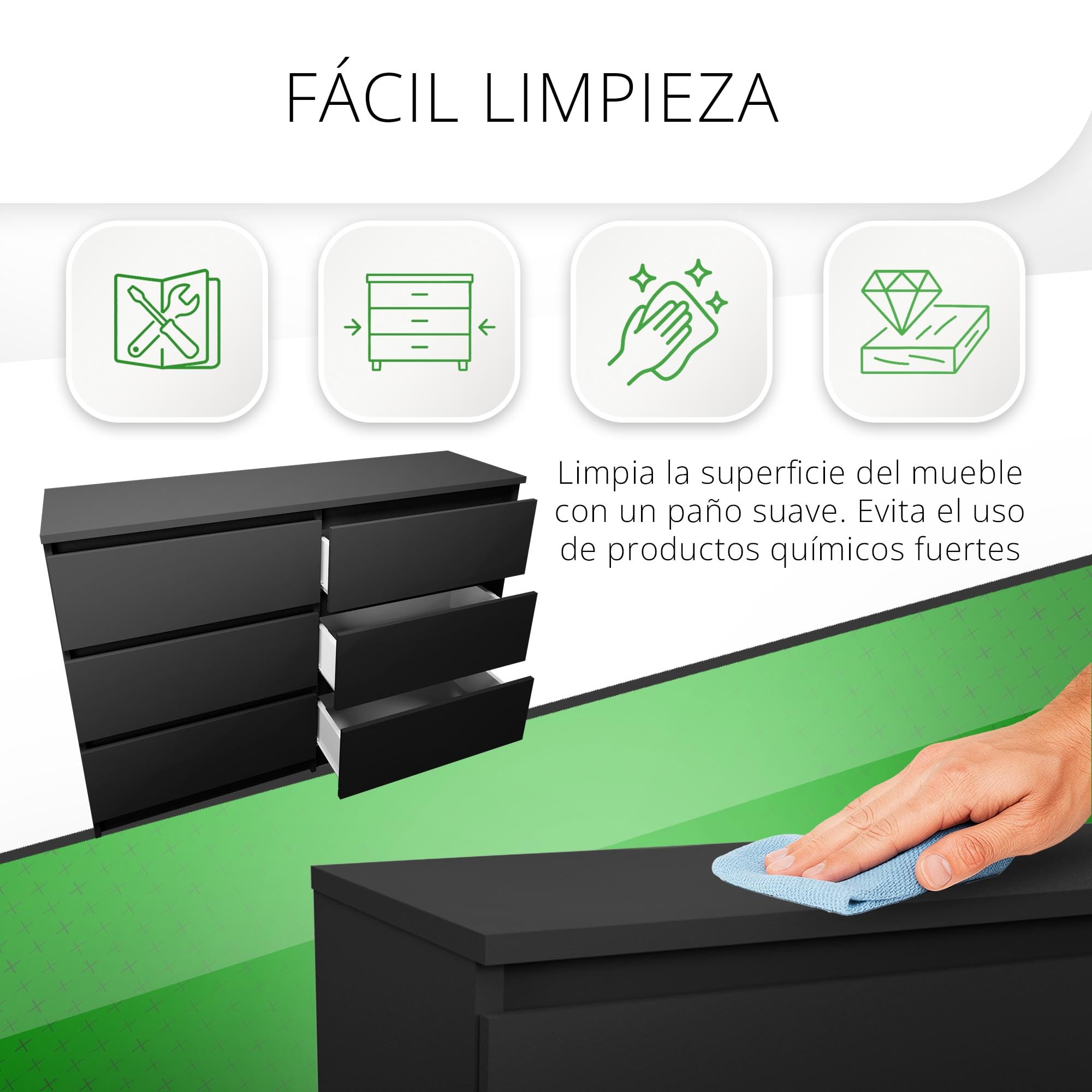 CDF Cómoda 6 Cajones Cajonera Dormitorios Comoda Moderna de Dormitorio Sinfonier Cómoda de Noche Armario de Almacenamiento, Mueble para Ropa - Placa laminada 16 mm Negro 30x120x75 cm