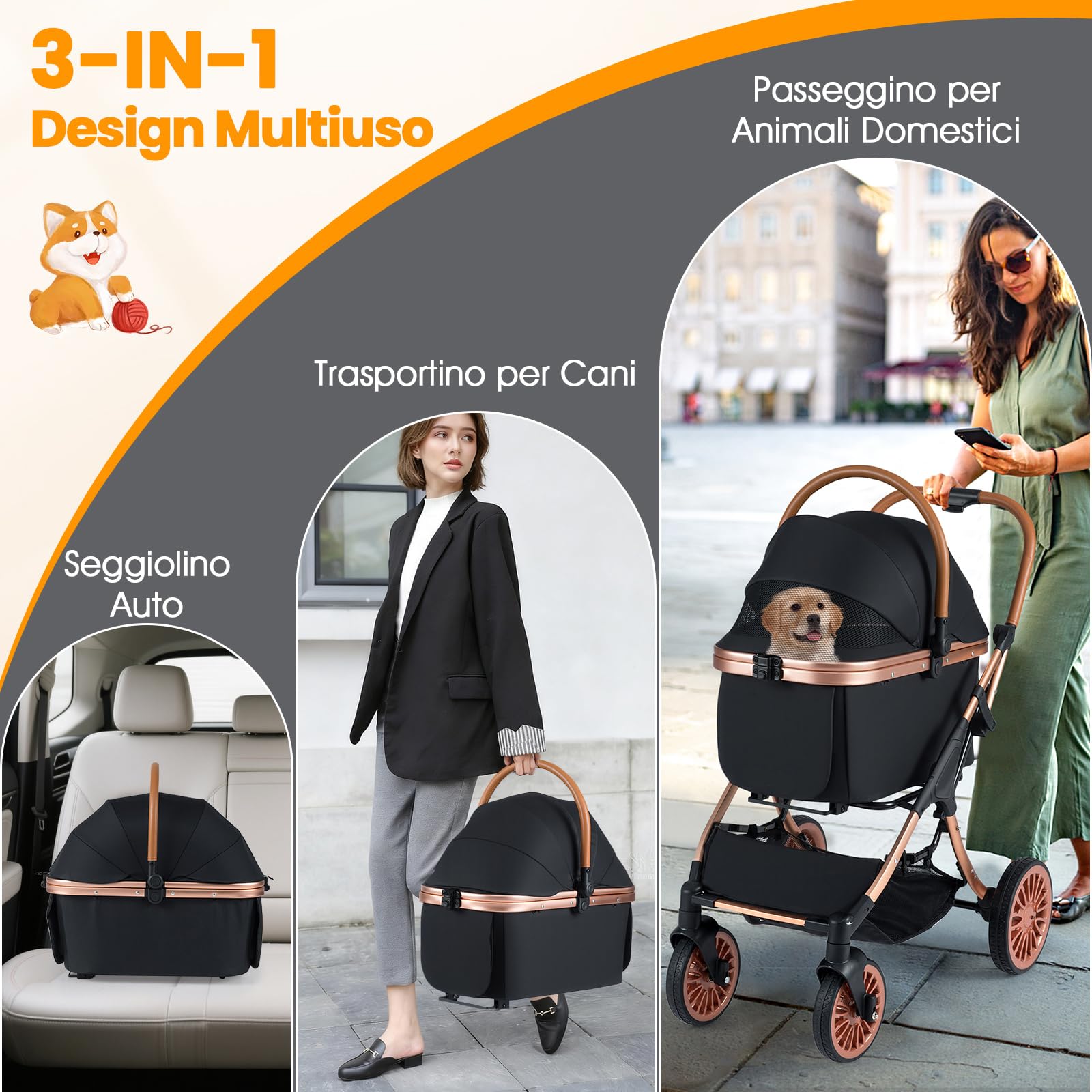 COSTWAY Passeggino Pieghevole per Cani 3 in 1, Carrozzino per Animali con Portapacchi Rimovibile, Tettuccio, Cuscino Rimovibile, Cintura di Sicurezza, Cestino e Portabicchiere, Portata 25 kg