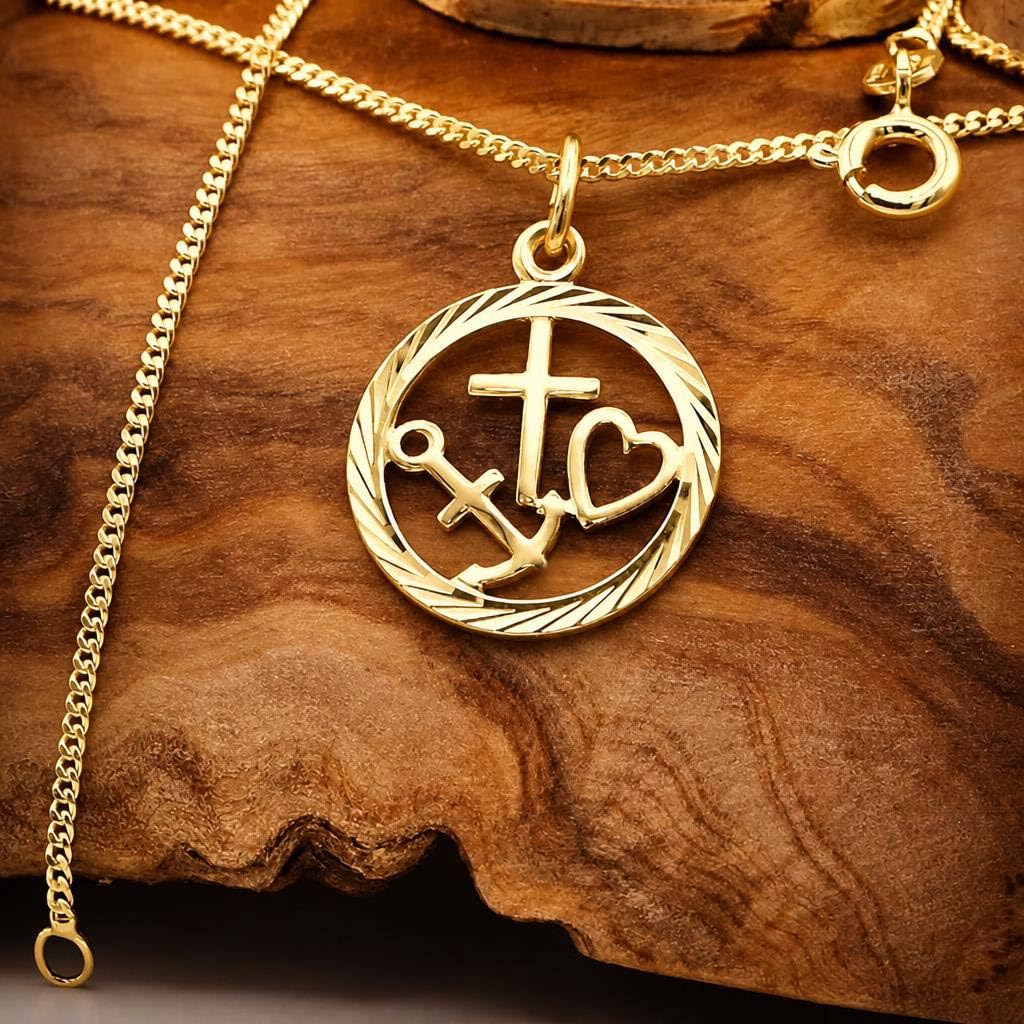 CLEVER SCHMUCK Glaube Liebe Hoffnung Kette Gold Ø 14 mm diamantiert + Panzerkette 45 cm STERLING 925 vergoldet im Luxus Etui