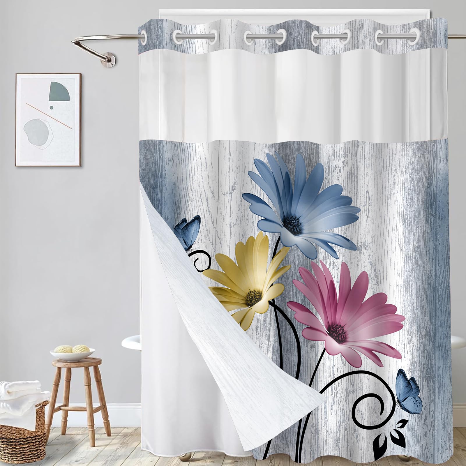Muuyi Hookless Floral Shower Curtain with Snap-in Liner