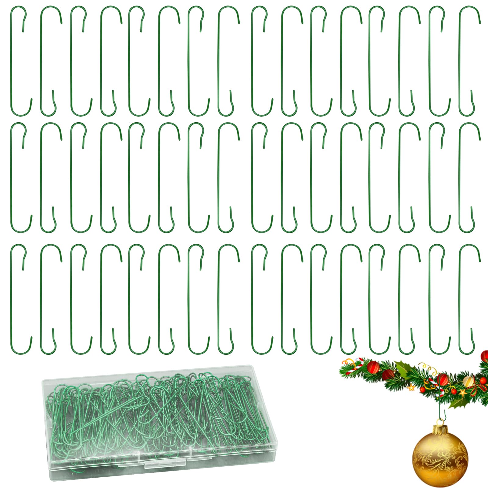 200PCS Christmas Ornament Hooks, C Shape Christmas Ornament Hangers, Metal Christmas Tree Hooks with Storage Box, Small Ornament Christmas Hooks for Christmas Balls Christmas Decorations (Green)