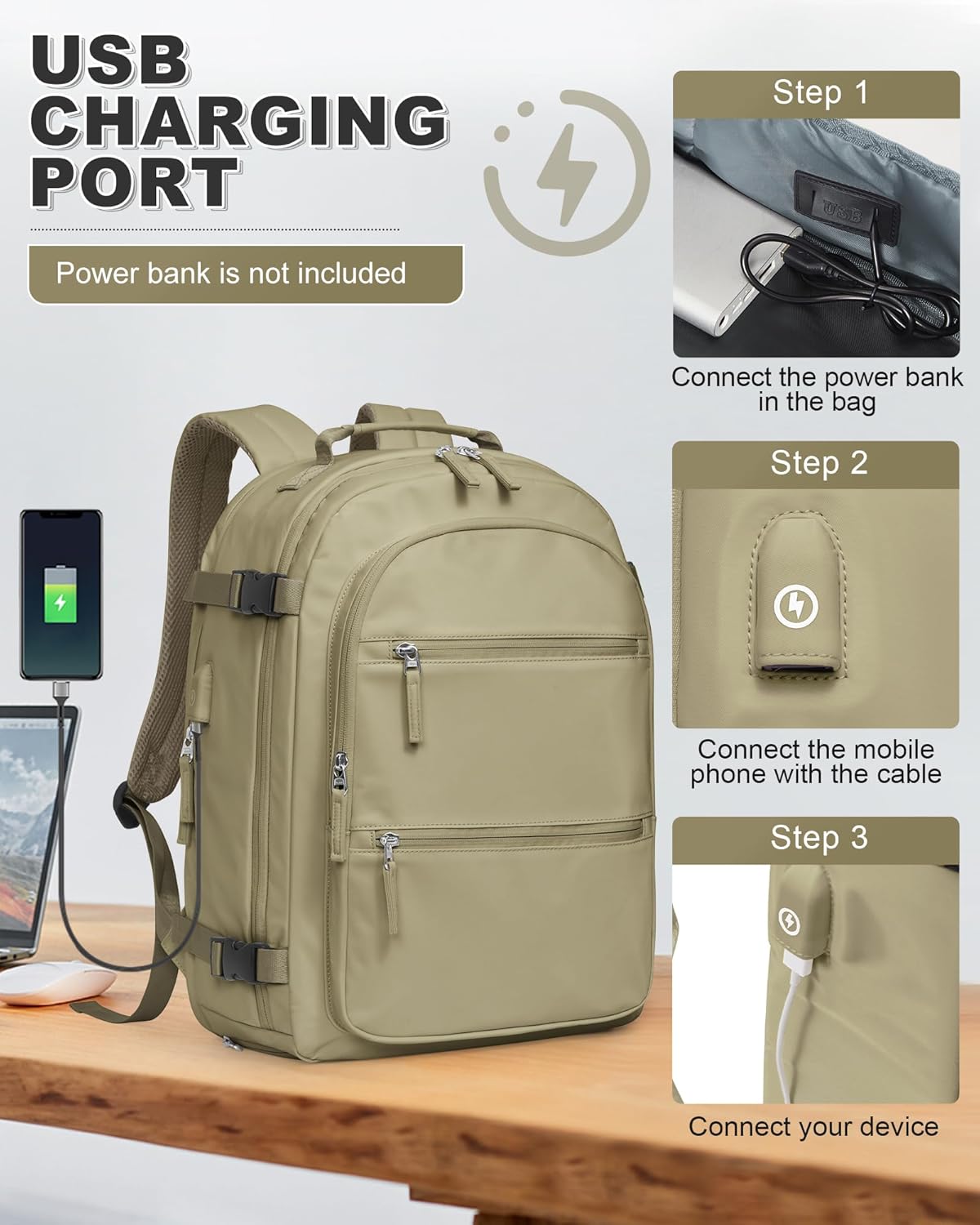 VGCUB Small Vacuum Backpack Wravel with Electric Pump Vacpack System Storage Compression Laptop Work Business Waterproof College Bags Casual Daypack Carry on Backpacks for Women Men Khaki Upgrade